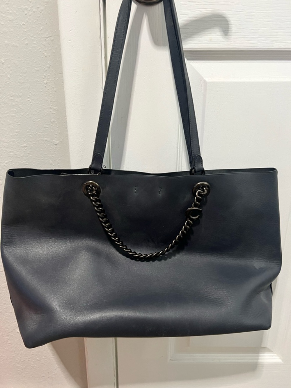 Coach Navy Leather Tote with Chain Accent